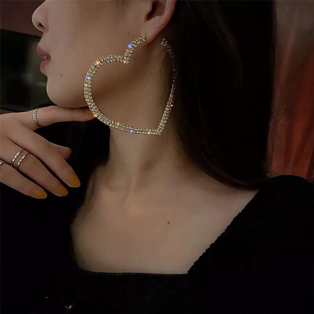 OS006 STUNNING DIAMOND SILVER TONE LARGE HEART HOOP EARRINGS - Picture 2 of 6